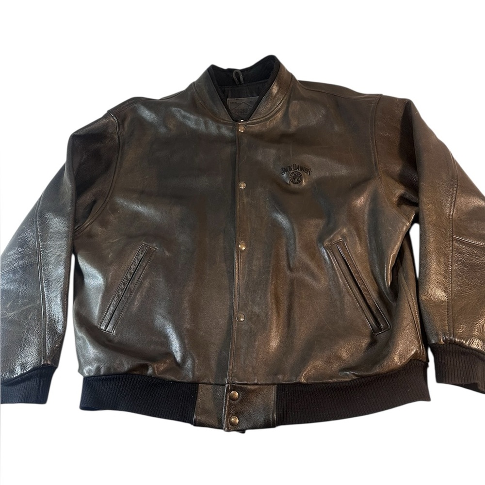 Vintage Jack Daniel Dark Brown Leather Bomber Jacket Mens distressed Motorcycle